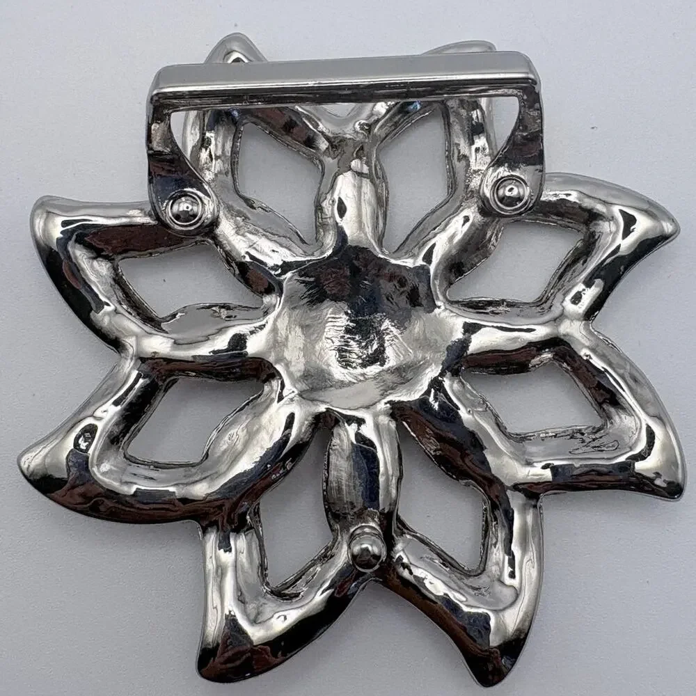 Silver-tone Flower Belt Buckle with Clear Rhinestones